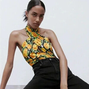 NWOT ZARA Floral Crossover  neckline bodysuit S